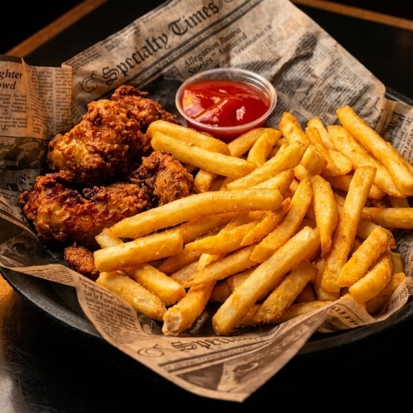 Crispy fried chicken pieces and golden french fries served in a basket lined with newspaper, with a side of ketchup.